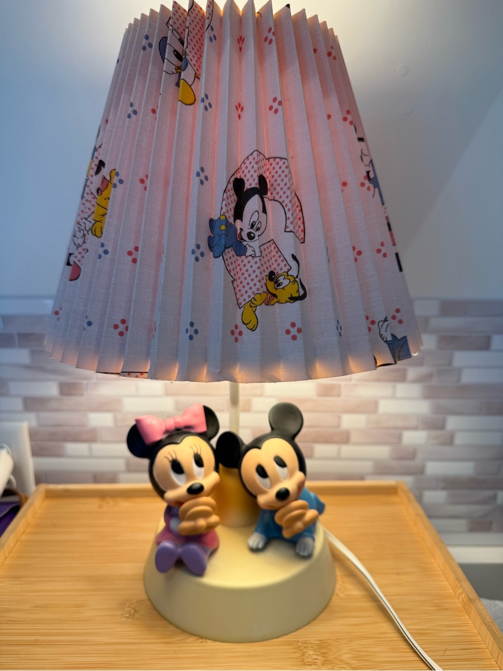 Vintage Mickey & Minnie Table Lamp with Pink Cartoon Shade